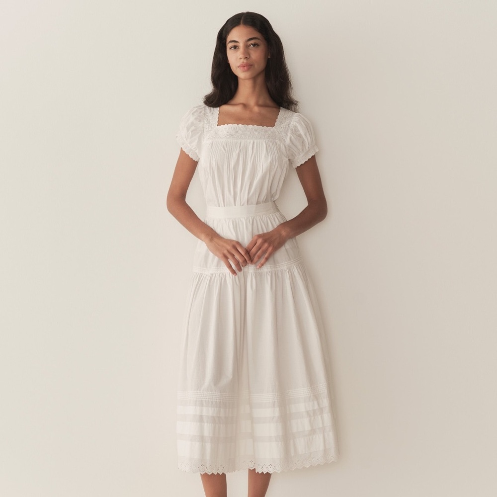 NWT Doen Francia Cotton Poplin Eyelet Pintuck Puff Sleeve Blouse Top Salt White - Picture 3 of 13